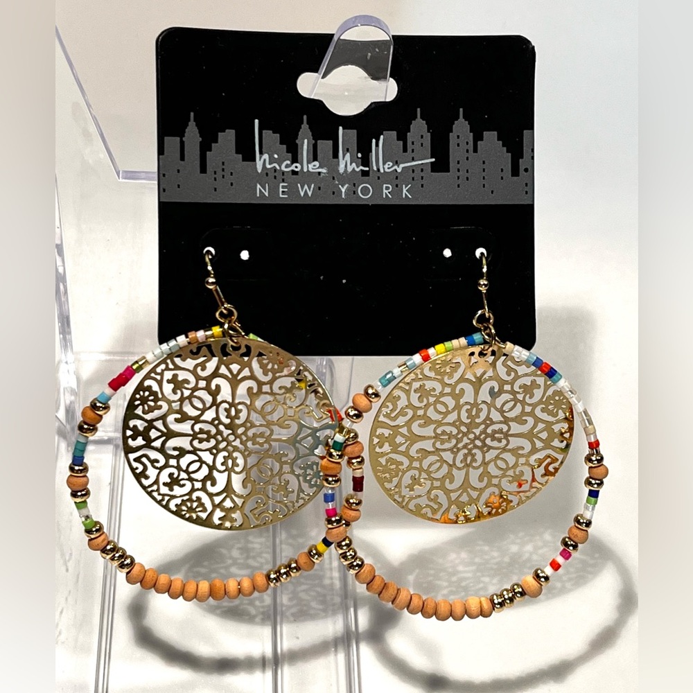 Designer Gold with Multicolor Beaded Hoop Earrings - Picture 6 of 14